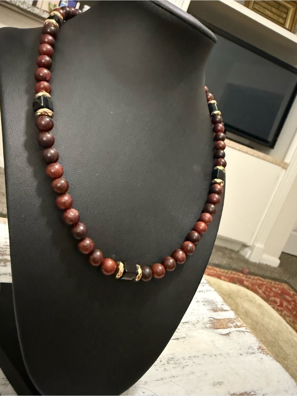 Handmade Brown Beaded Necklace with Gold Accent